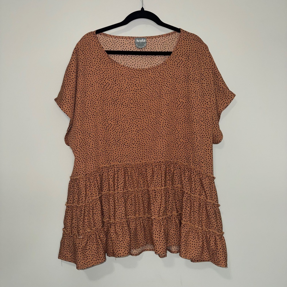 Arula Rust Polka Dot Tiered Babydoll Top Short Sleeve Scoop Neck Size A Plus